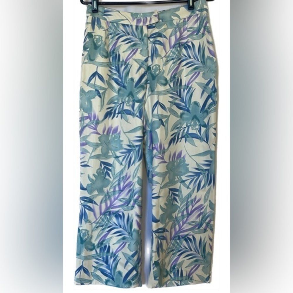 August Silk 100% Silk Floral Green & White Cropped Pants Size Small